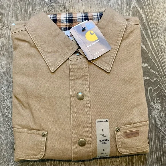 Carhartt Men’s Canvas Shirt Jacket Flannel Lined Long Sleeve Tan Tall Large - Picture 15 of 15